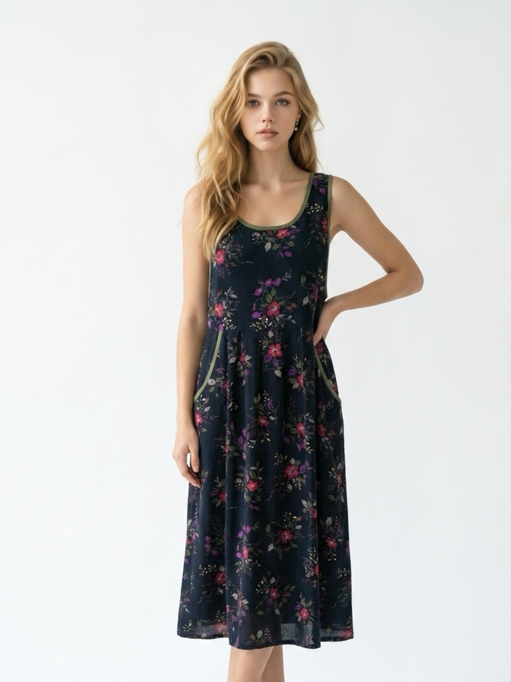 Erika & Co Womens Floral Corduroy Jumper Dress Navy Blue Maxi Pockets Size Large